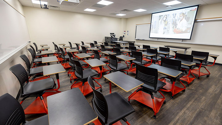 Classroom with podium and projection screen