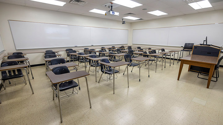 Front of classroom showing the podium and projector