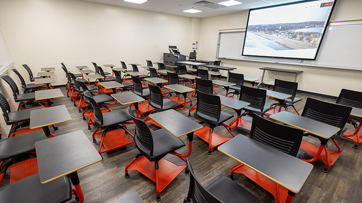 Classroom with podium and projection screen