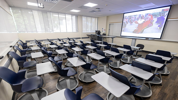 Classroom with podium and projection screen