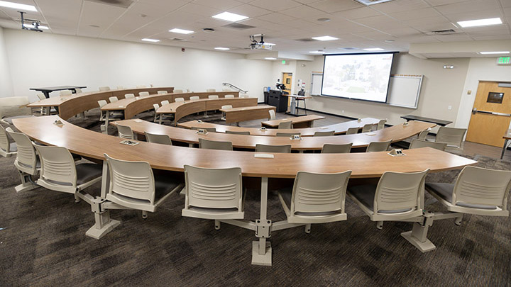 Classroom with podium and projection screen