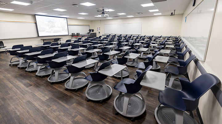 Classroom with podium and projection screen