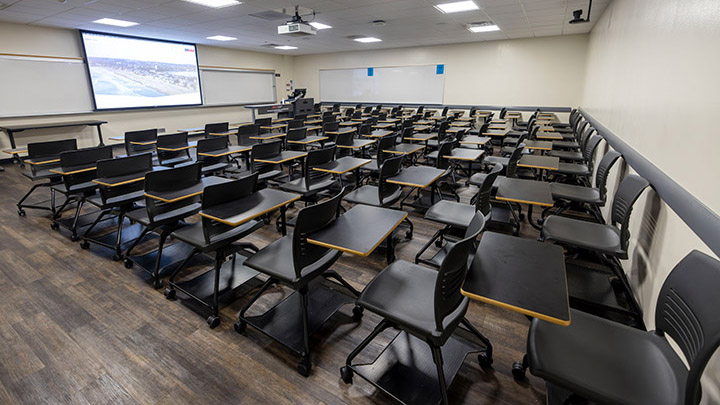 Classroom with podium and projection screen