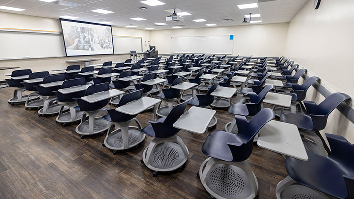 Classroom with podium and projection screen