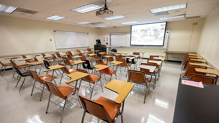 Classroom with podium and projection screen