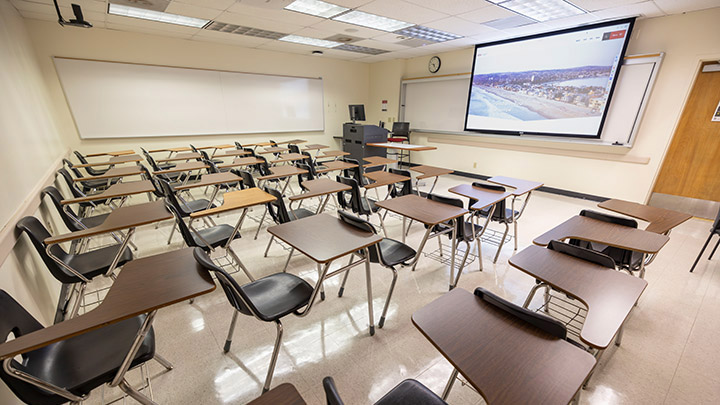 Classroom with podium and projection screen