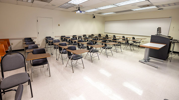 Front of classroom showing the podium and projector