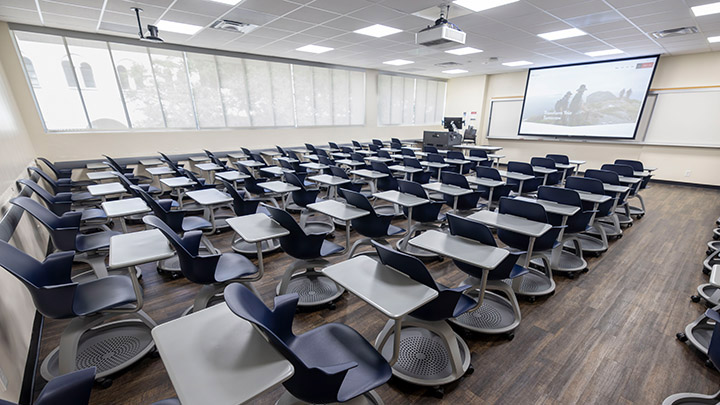 Classroom with podium and projection screen