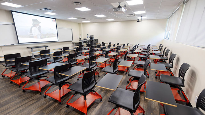 Classroom with podium and projection screen