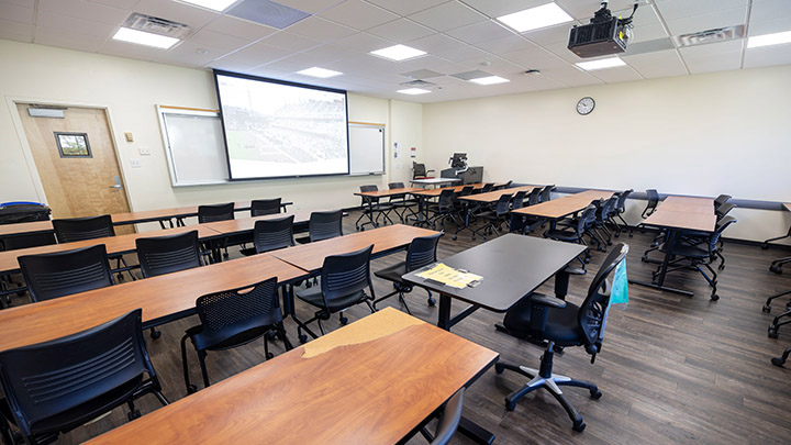 Classroom with podium and projection screen