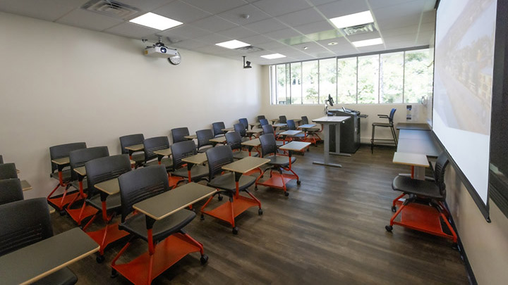 Front of classroom showing the podium and projector