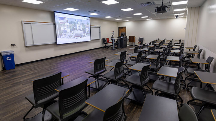 Classroom with podium and projection screen