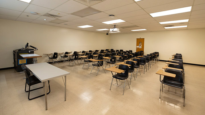 Front of classroom showing the podium and projector