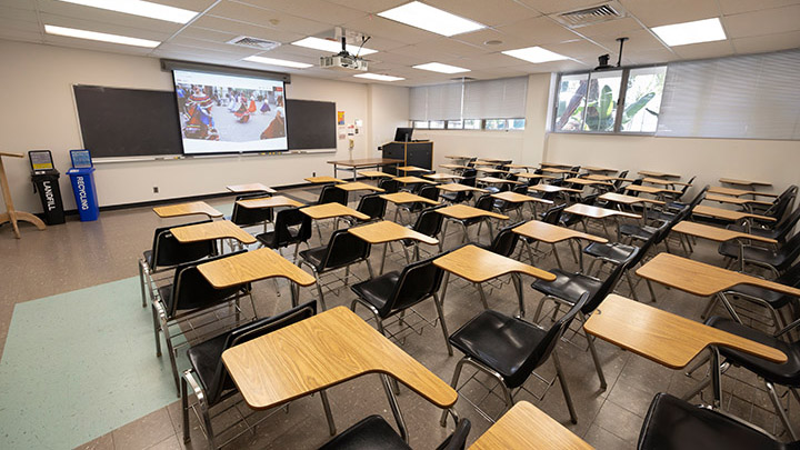 Classroom with podium and projection screen