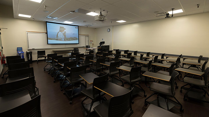 Classroom with podium and projection screen