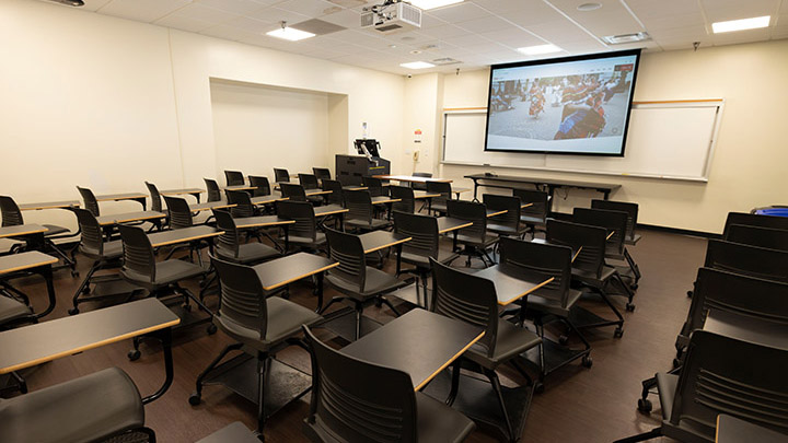 Classroom with podium and projection screen