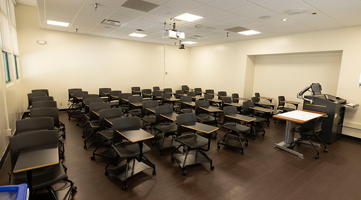 Front of classroom showing the podium and projector