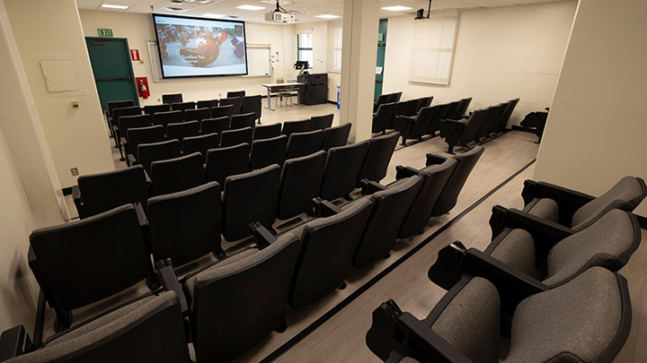 Classroom with podium and projection screen