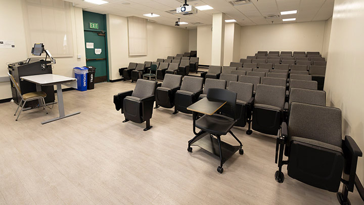 Front of classroom showing the podium and projector