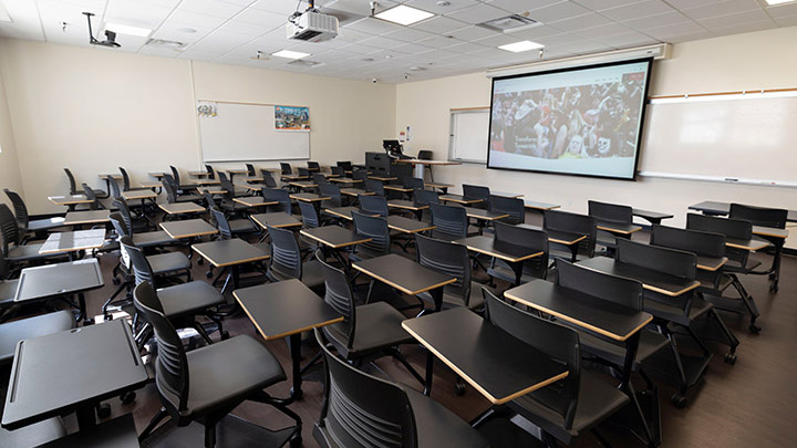 Classroom with podium and projection screen