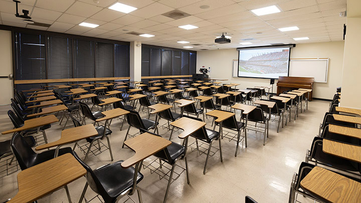 Classroom with podium and projection screen