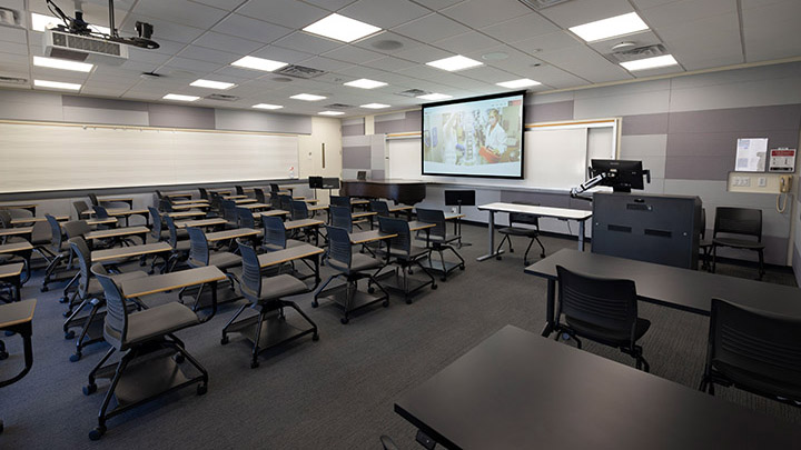 Classroom with podium and projection screen