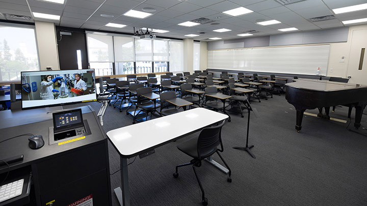 Front of classroom showing the podium and projector