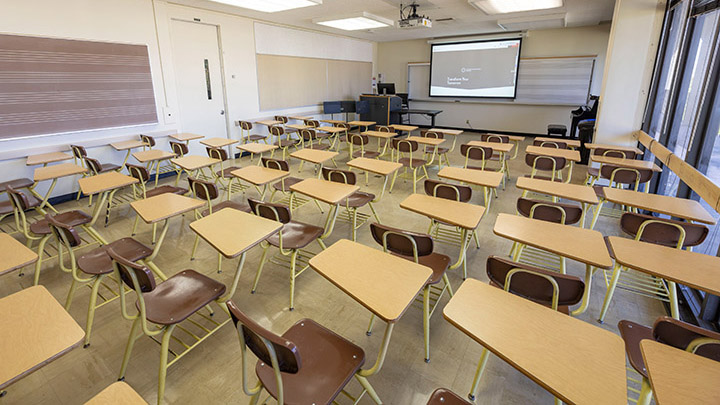 Classroom with podium and projection screen