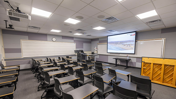 Classroom with podium and projection screen