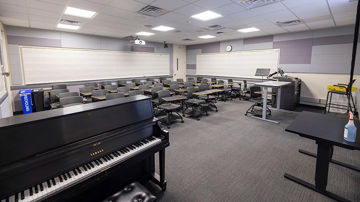 Front of classroom showing the podium and projector