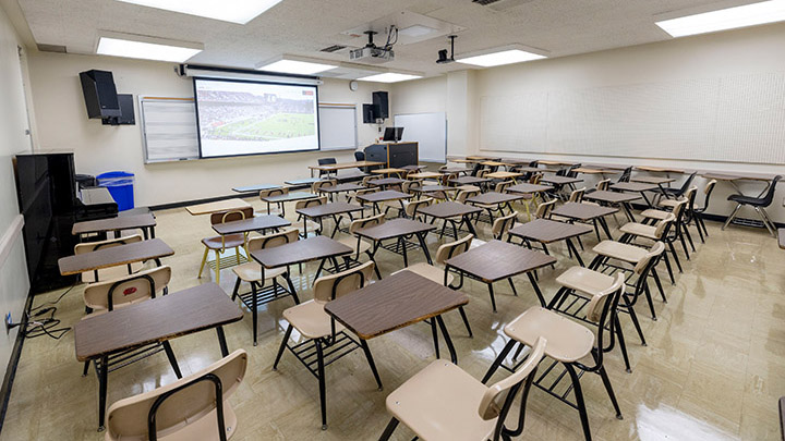 Classroom with podium and projection screen