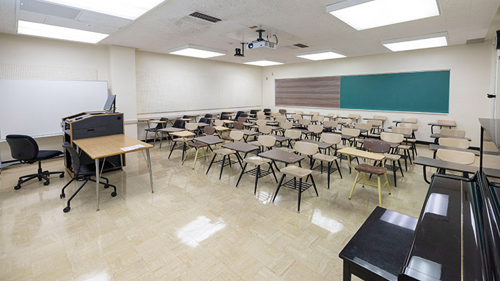 Front of classroom showing the podium and projector