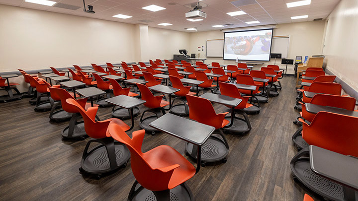 Classroom with podium and projection screen