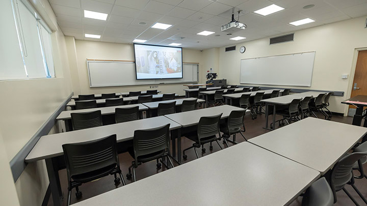 Classroom with podium and projection screen