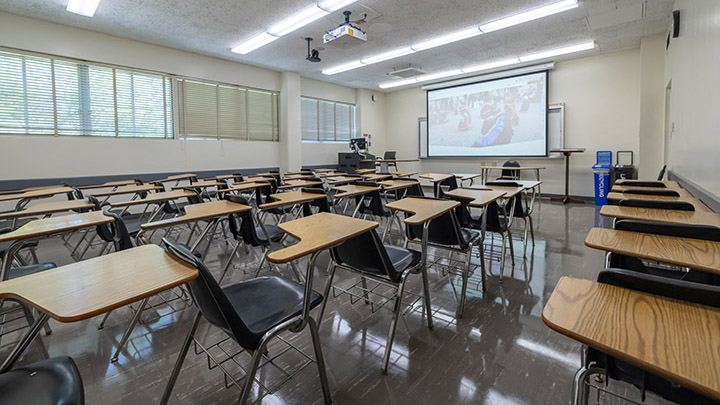 Classroom with podium and projection screen