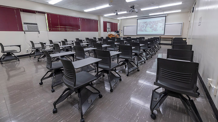 Classroom with podium and projection screen