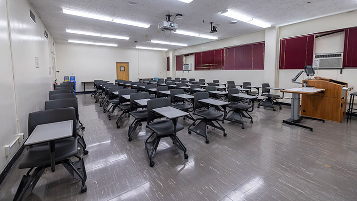 Front of classroom showing the podium and projector