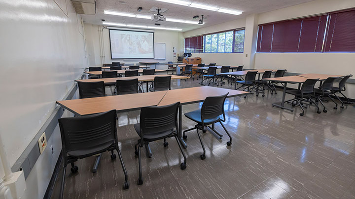 Classroom with podium and projection screen