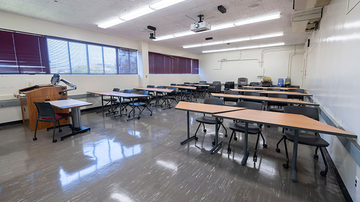 ront of classroom showing the podium and projector