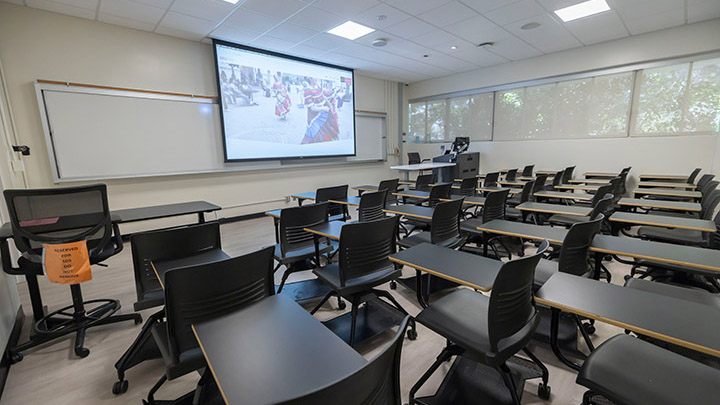 Classroom with podium and projection screen