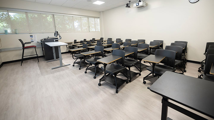 Front of classroom showing the podium and projector
