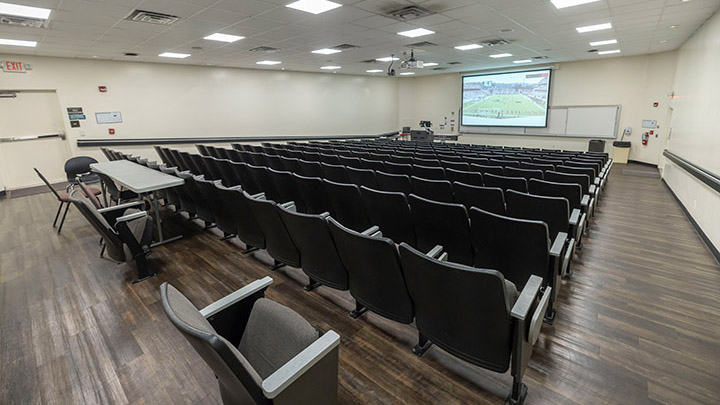 Classroom with podium and projection screen