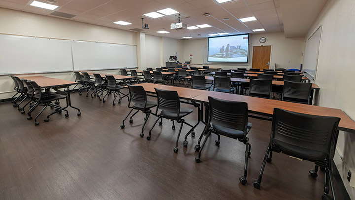 Classroom with podium and projection screen