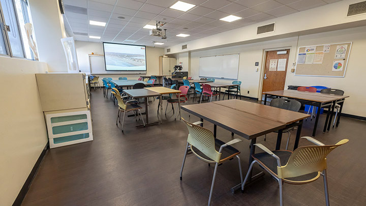 Classroom with podium and projection screen