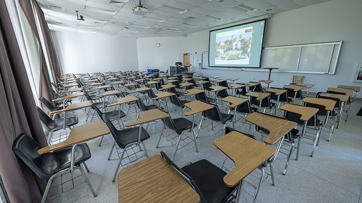 Classroom with podium and projection screen