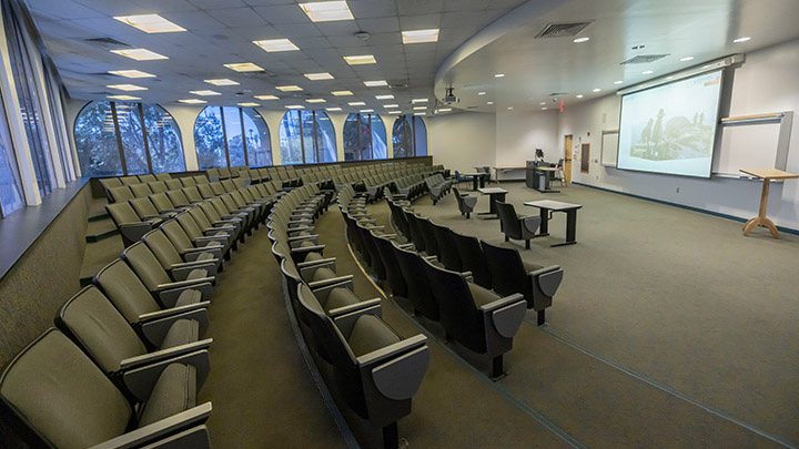 Classroom with podium and projection screen