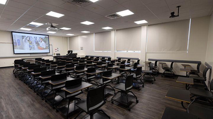 Classroom with podium and projection screen