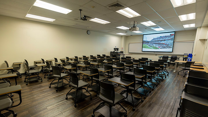 Classroom with podium and projection screen