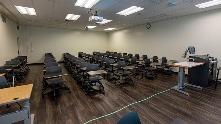 Front of classroom showing the podium and projector