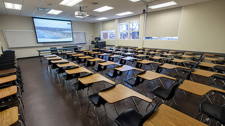 Classroom with podium and projection screen